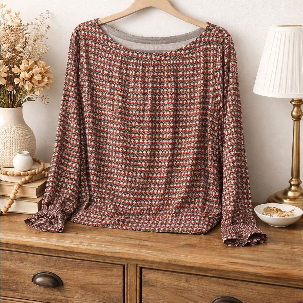 LOFT Red and Black Geometric Print Long-Sleeve Blouse
